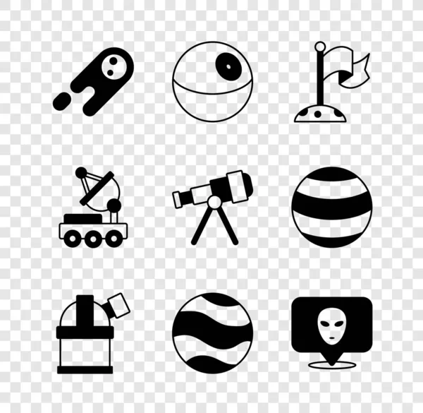 Set Comet falling down fast, Planet, Moon with flag, Astronomical observatory, Alien, Mars rover and Telescope icon. Vector — 图库矢量图片