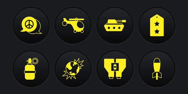 Set Hand grenade, Military rank, Bomb explosive planet earth, Binoculars, tank, Helicopter, Rocket launcher and Peace icon. Vector — Wektor stockowy