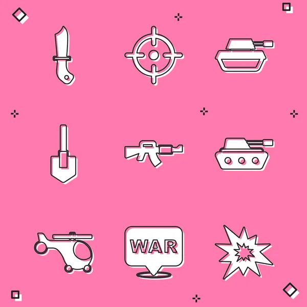 Set Military knife, Target sport, tank, Shovel, M16A1 rifle, Helicopter and The word war icon. Vector — Stockový vektor