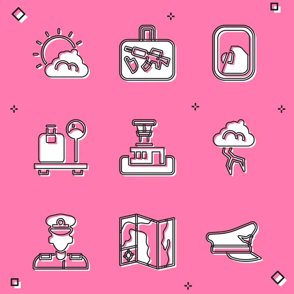 Set Sun and cloud weather, Suitcase, Airplane window, Scale with suitcase, Airport control tower, Storm, Pilot and World travel map icon. Vector — ストックベクタ