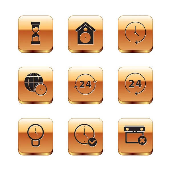 Set Old hourglass, Clock, 24 hours, World time, Calendar date delete and Retro wall watch icon. Vector — Stock Vector