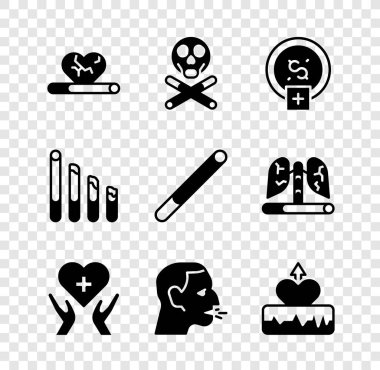 Set Heart disease with smoking, Bones and skull, Stop money saving, cross, Man coughing, Heartbeat increase, Smoking cigarette and Cigarette icon. Vector