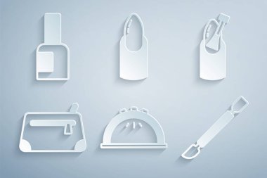 Set Manicure lamp, Nail manicure, Cosmetic bag, Cuticle pusher, and Bottle of nail polish icon. Vector