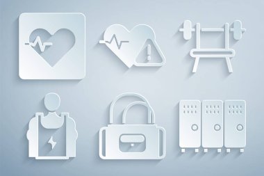Set Sport bag, Bench with barbell, Bodybuilder, Locker changing room, Heart rate and icon. Vector