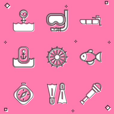 Set Periscope, Diving mask and snorkel, Inflatable boat with motor, Location anchor, Ship steering wheel, Fish, Compass and Flippers for swimming icon. Vector