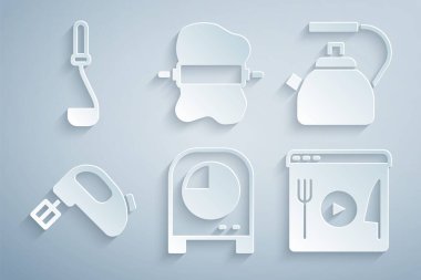 Set Kitchen timer, Kettle with handle, Electric mixer, Cooking live streaming, Rolling pin on dough and ladle icon. Vector
