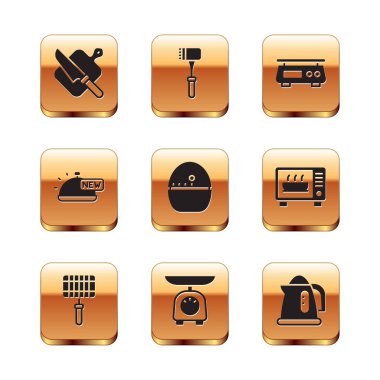 Set Cutting board and knife, Barbecue steel grid, Scales, Kitchen timer, Covered with tray of food, Electronic scales, Electric kettle and hammer icon. Vector