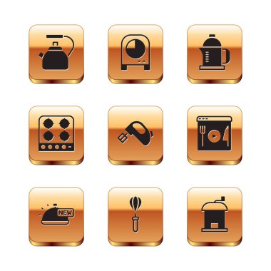 Set Kettle with handle, Covered tray of food, Kitchen whisk, Electric mixer, Gas stove, French press, Manual coffee grinder and timer icon. Vector