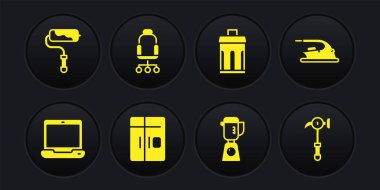 Set Laptop, Electric iron, Refrigerator, Blender, Trash can, Office chair, Hammer and Paint roller brush icon. Vector