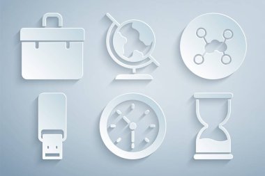 Set Clock, Chemical formula, USB flash drive, Old hourglass, Earth globe and Briefcase icon. Vector