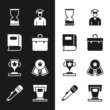 Set Briefcase, Book, Old hourglass, Graduate and graduation cap, Award cup, Medal with star, Stage stand and Microphone icon. Vector