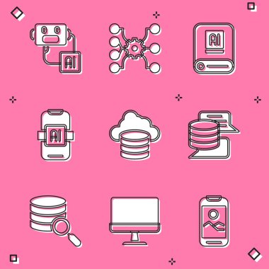 Set Artificial intelligence robot, Neural network, AI, Cloud database, Server, Data, and Computer monitor icon. Vector