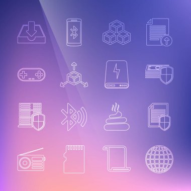 Set line Earth globe, Document protection, Money, Isometric cube, Gamepad, Download inbox and Power bank icon. Vector