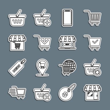 Set line Market store, Refresh shopping basket, Shopping cart with check mark, Smartphone, mobile phone, Add, and Online icon. Vector