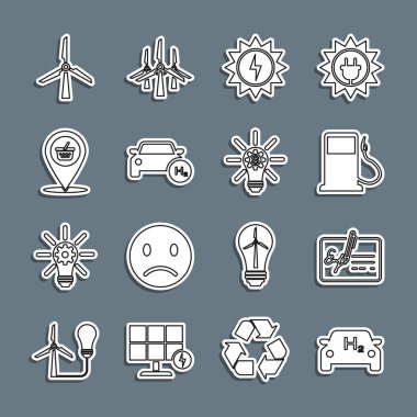 Set line Hydrogen car, Signed document, Petrol or Gas station, Solar energy panel, Location shopping basket, Wind turbine and Light bulb with gear icon. Vector