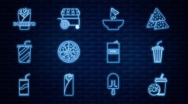Set line Soda drink with donut, Glass water, Nachos plate, Pizza, Burrito, Beer can and Fast street food cart icon. Vector