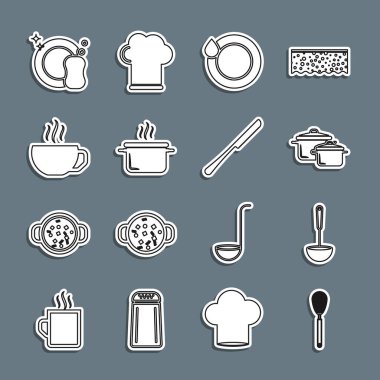 Set line Kitchen whisk, ladle, Cooking pot, Washing dishes, Coffee cup, and Knife icon. Vector