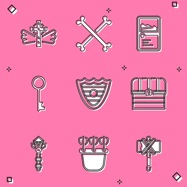 Set Christian cross, Crossed human bones, Card game collection, Old key, Shield, Chest, Magic wand and Quiver with arrows icon. Vector — Image vectorielle