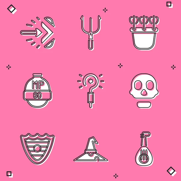 Set Magic arrow, Neptune Trident, Quiver with arrows, Video game bar, wand, Skull, Shield and Witch hat icon. Vector — Image vectorielle