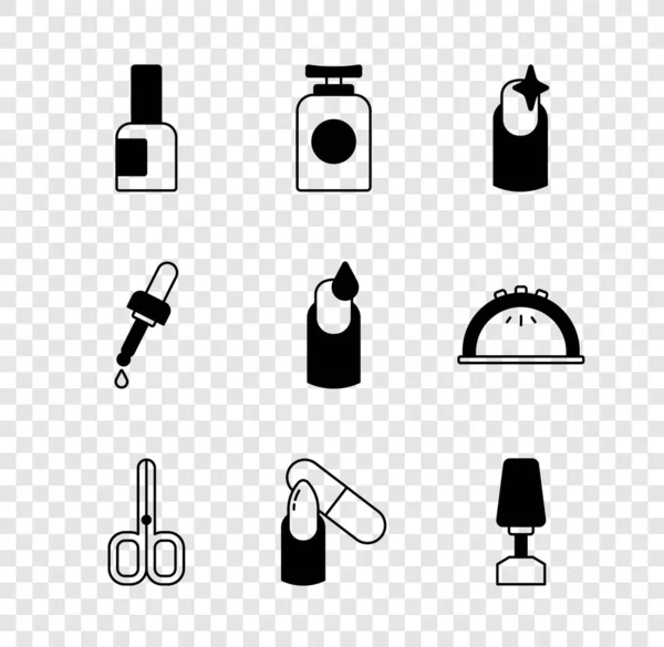 Set Bottle of nail polish, Tube hand cream, Nail manicure, scissors, file, Milling cutter for, Pipette with oil and Manicure icon. Vector — Stock Vector
