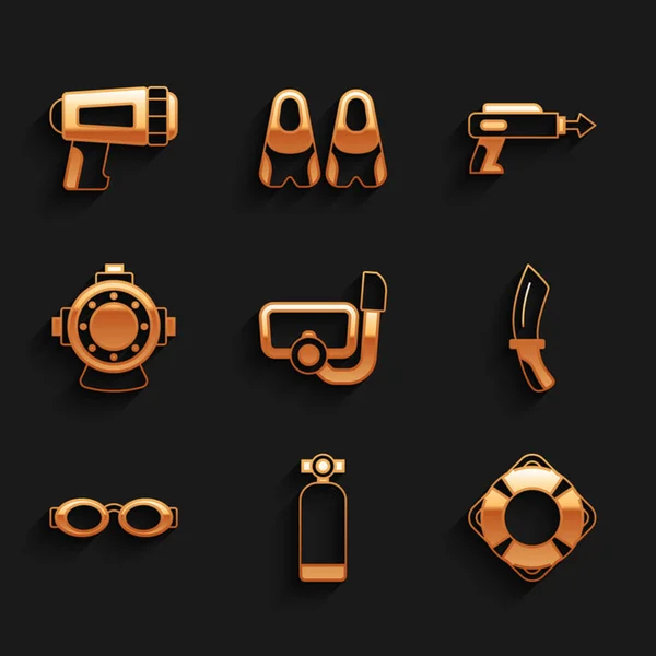 Set Diving mask with snorkel, Aqualung, Lifebuoy, knife, Glasses for swimming, Fishing harpoon and Flashlight diver icon. Vector — Image vectorielle