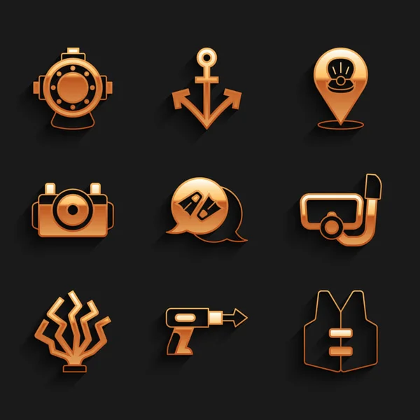 Set Flippers for swimming, Fishing harpoon, Life jacket, Diving mask with snorkel, Coral, Photo camera diver, Scallop sea shell and Aqualung icon. Vector — Image vectorielle