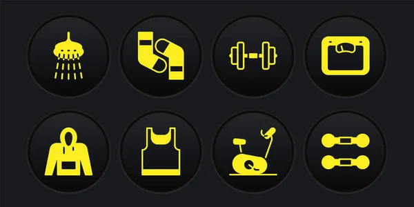 Set Hoodie, Bathroom scales, Sleeveless t-shirt, Stationary bicycle, Dumbbell, Socks, and Shower icon. Vector — Image vectorielle