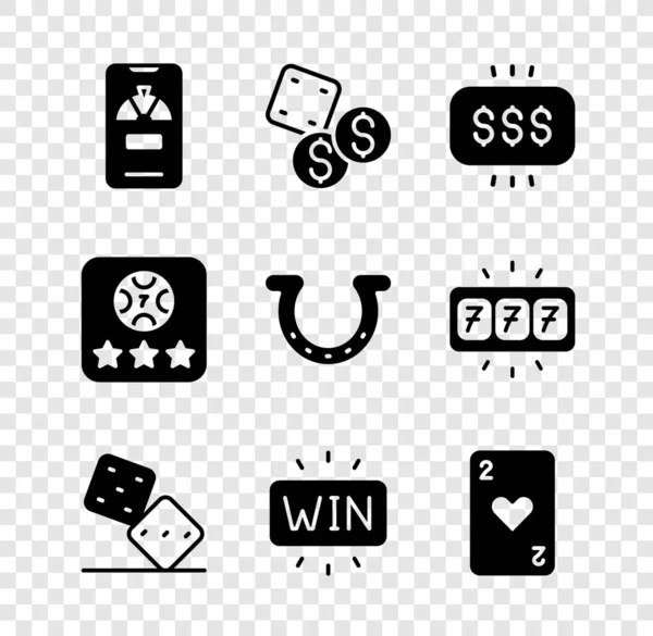 Set Lucky wheel on phone, Game dice, Money prize in casino, Casino win, Playing card with heart, Online poker table game and Horseshoe icon. Vector — Vettoriale Stock