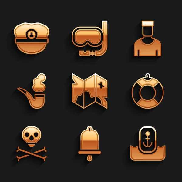 Set Pirate treasure map, Ship bell, Location with anchor, Lifebuoy, Skull crossbones, Smoking pipe, Sailor captain and Captain hat icon. Vector — Stockvector