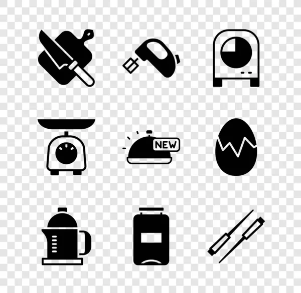 Set Cutting board and knife, Electric mixer, Kitchen timer, French press, Jam jar, Food chopsticks, Scales and Covered with tray of food icon. Vector — стоковий вектор