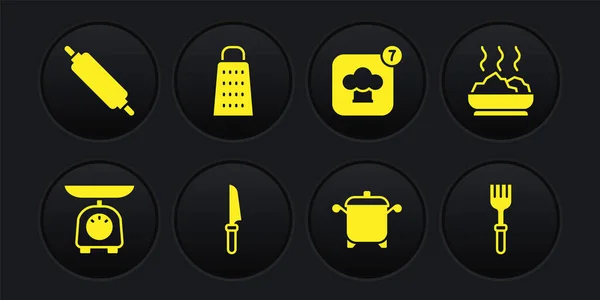 Set Scales, Bowl of hot soup, Knife, Cooking pot, Chef hat, Grater, Fork and Rolling pin icon. Vector — Vettoriale Stock