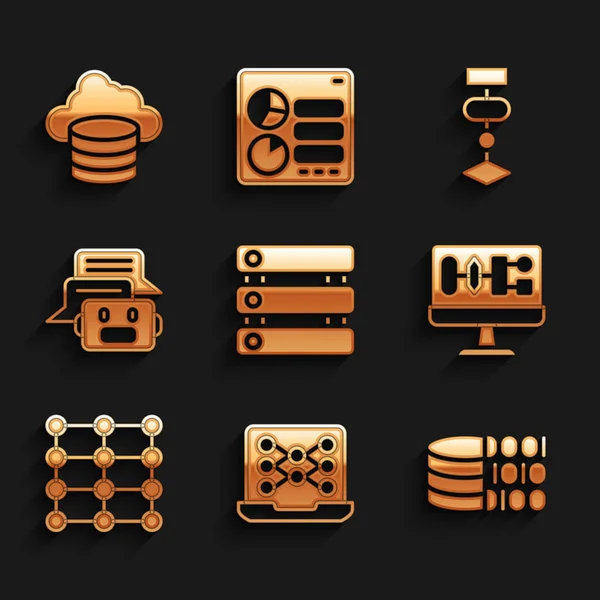 Set Server, Data, Neural network, Binary code, Algorithm, Chat bot, and Cloud database icon. Vector — Stockvektor