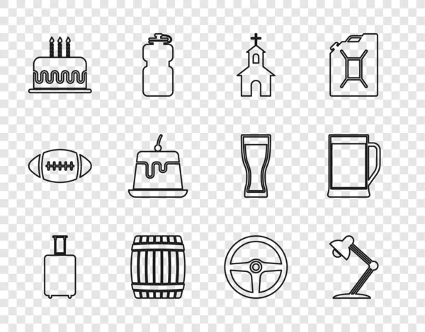 Set line Travel suitcase, Table lamp, Church building, Wooden barrel, Cake with burning candles, Pudding custard, Steering wheel and Glass of beer icon. Vector — Stock Vector