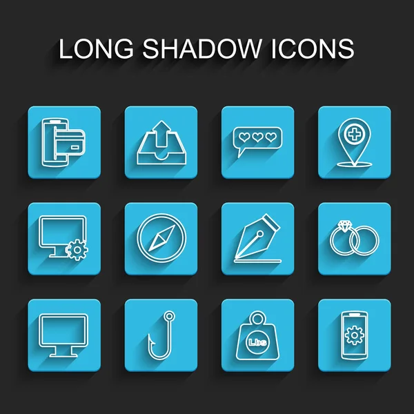 設定ラインコンピュータモニター画面、釣りフック、 NFC支払い、重量ポンド、設定スマートフォン、風が上昇し、結婚指輪と噴水ペンのnibアイコン。ベクトル — ストックベクタ