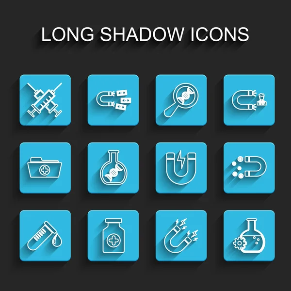 Set line Test tube with drop of blood, Medicine bottle, Crossed syringe, Magnet lightning, Bioengineering, DNA research, search, money and icon. Vector — Archivo Imágenes Vectoriales