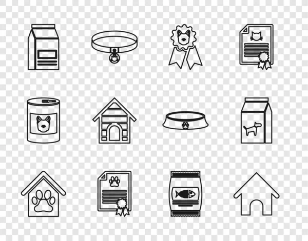 Set line Dog house and paw print pet, award symbol, Certificate for dog or cat, Bag of food, and icon. Vector — Image vectorielle