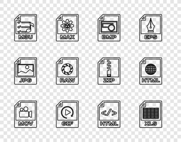 Set line MOV file document, XLS, BMP, GIF, M3U, RAW, HTML and icon. Vector — Image vectorielle