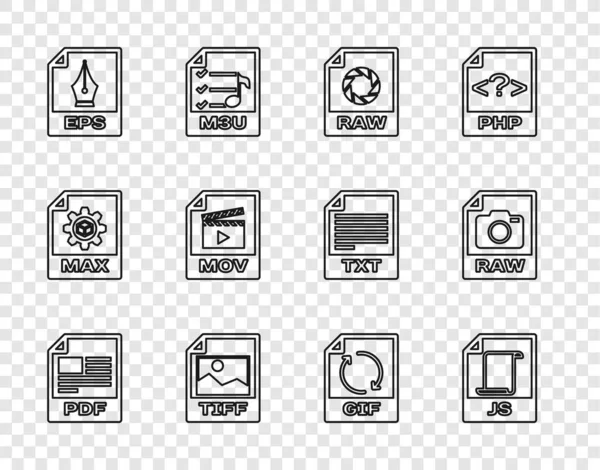 Set line PDF file document, JS, RAW, TIFF, EPS, MOV, GIF and icon. Vector — Stock Vector