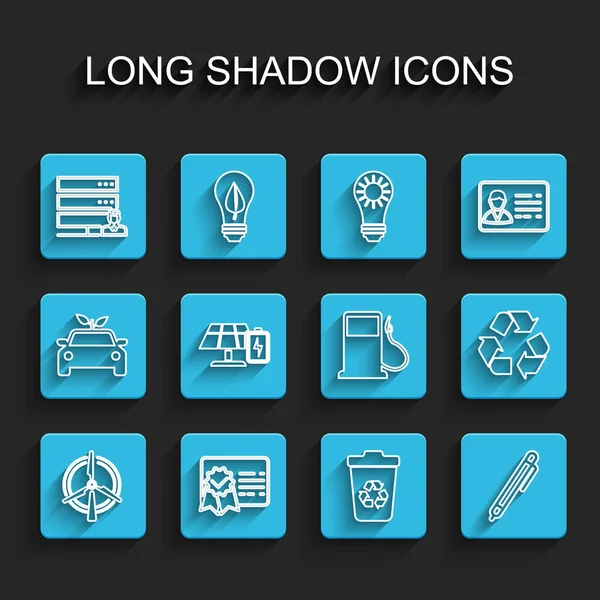 Set line Rotating wind turbine, Certificate template, Customer care server, Recycle with recycle, Pen, Solar energy panel and battery, symbol and Petrol or Gas station icon. Vector — Stockvector