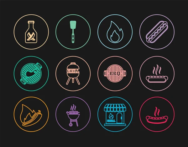 Set line Hotdog sandwich, Fire flame, Barbecue grill, with steak, Ketchup bottle, and spatula icon. Vector — Stockvektor
