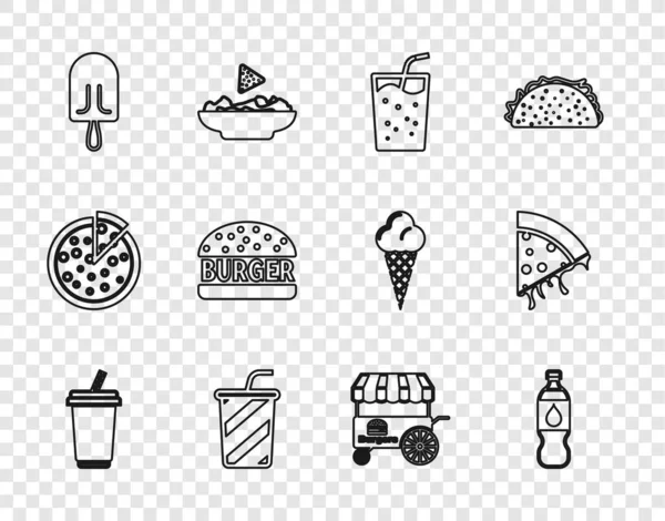 Set line Glass with water, Bottle of, Ice cream, Burger, Fast street food cart and Slice pizza icon. Vector — Stok Vektör