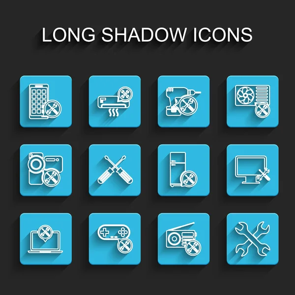 Set line Laptop service, Gamepad, Mobile Apps, Radio, Crossed wrenchs, screwdrivers, Computer monitor and Refrigerator icon. Vector — Wektor stockowy