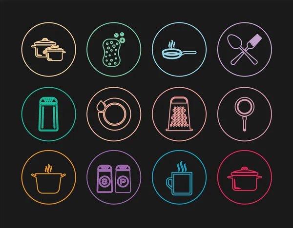 Set line Cooking pot, Frying pan, Washing dishes, Salt and pepper, Grater and Sponge with bubbles icon. Vector — Stockvector