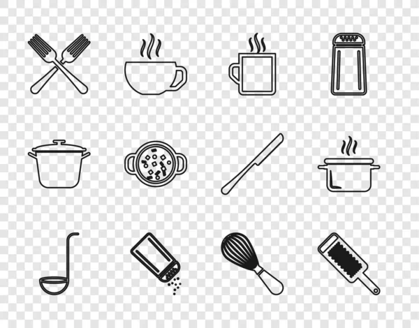 Set line Kitchen ladle, Grater, Coffee cup, Salt and pepper, Crossed fork, Cooking soup in pot, whisk and icon. Vector —  Vetores de Stock