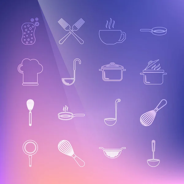 Set line Cuchara de cocina, batidor, olla de cocina, taza de café, sombrero de chef, esponja con burbujas e icono. Vector — Archivo Imágenes Vectoriales