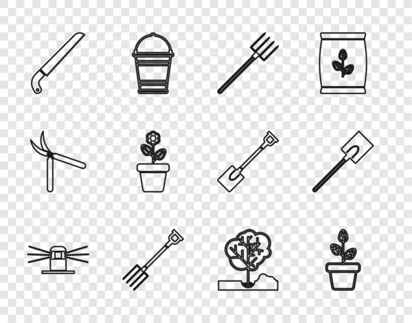 Set line Automatic irrigation sprinklers, Flowers pot, Garden pitchfork, saw, Planting tree the ground and shovel icon. Vector — Stock Vector