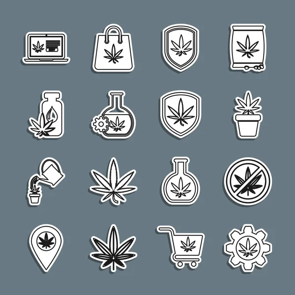 Set line Test tube with marijuana, Stop, Marijuana plant in pot, Shield and, or cannabis leaf oil, Online buying and icon. Vector — Stok Vektör