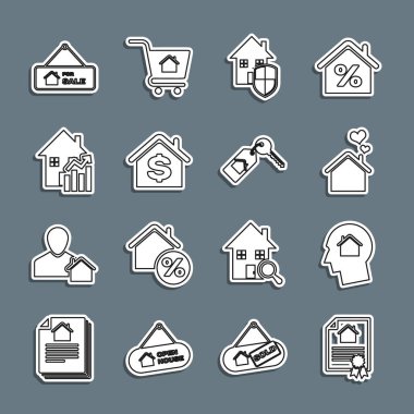 Set line House contract, Man dreaming about buying house, with heart shape, under protection, dollar, Rising cost of housing, Hanging sign For Sale and key icon. Vector