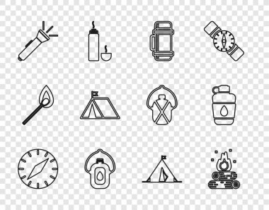 Set line Compass, Campfire, Thermos container, Canteen water bottle, Flashlight, Tourist tent with flag, and icon. Vector