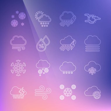 Set line Cloud with snow, Fog and cloud, rain lightning, Water drop percentage, Windy weather, Snow and icon. Vector